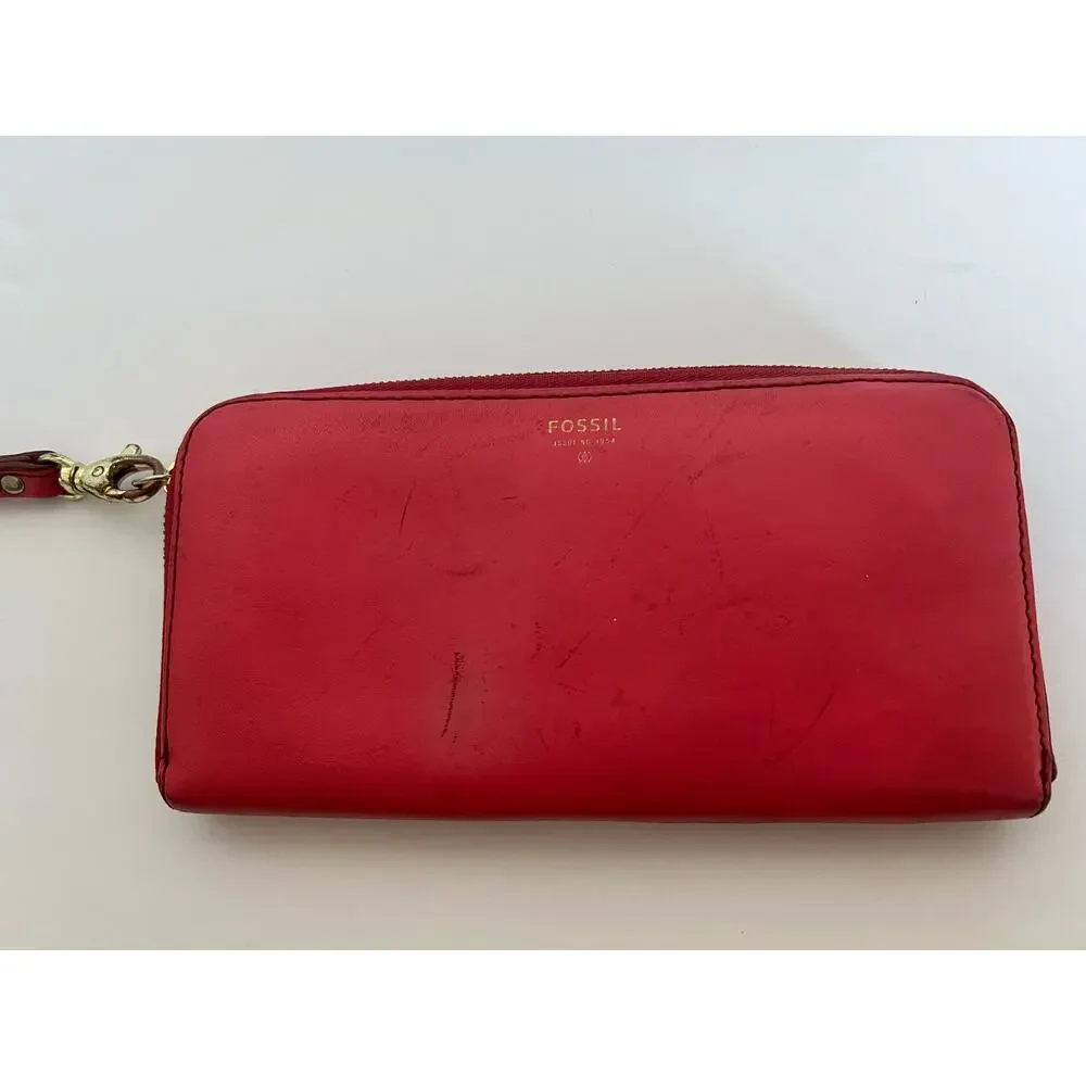 Fossil Wristlet Wallet Women‎ OS Coral Leather Zip Around Clutch